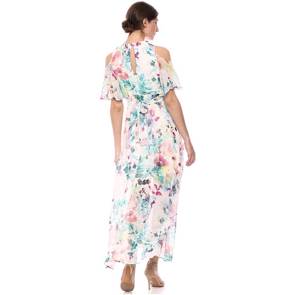 Calvin Klein Cold Shoulder Floral Chiffon Dress - Picture 2 of 5